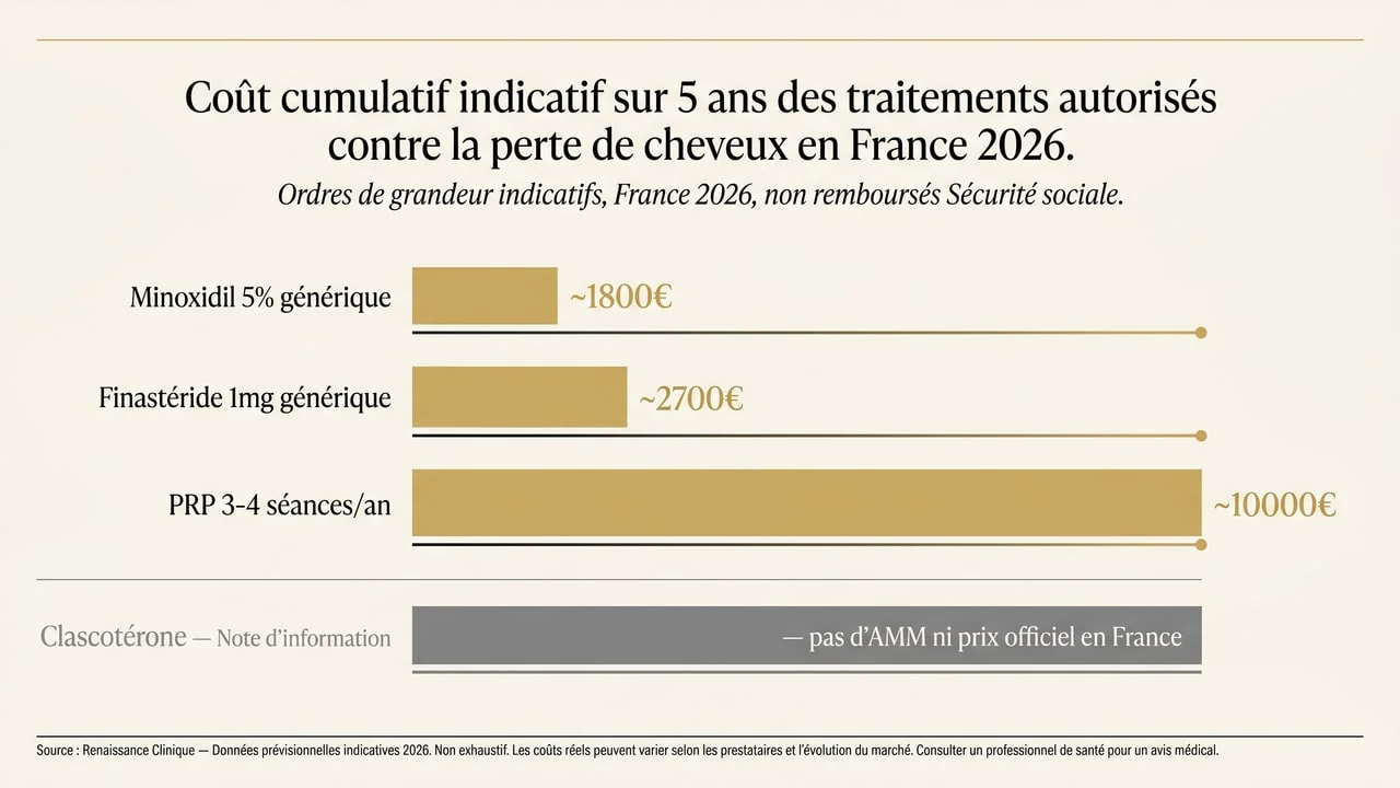Ordres de grandeur du coût sur 5 ans des traitements autorisés de l'alopécie en France (minoxidil, finastéride, PRP)