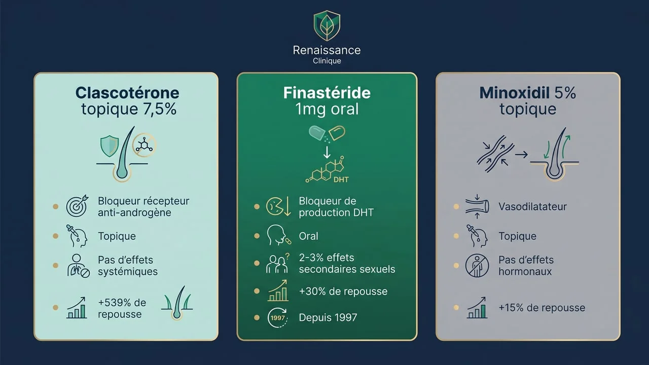 Comparaison infographique des trois traitements de l'alopécie androgénétique : clascotérone, finastéride et minoxidil