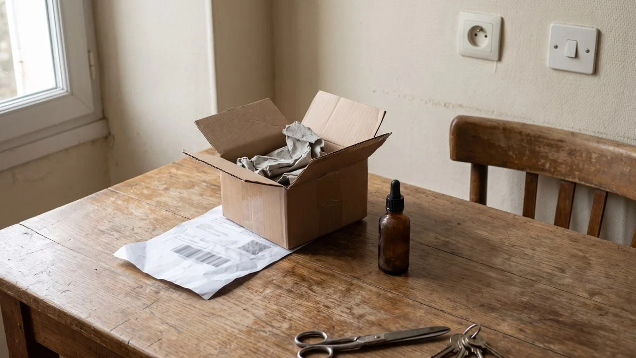 Colis postal ouvert sur une table de cuisine, à côté d'un flacon compte-gouttes sans étiquette