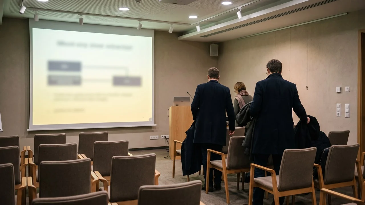 Salle de congrès qui se vide après une présentation, l'écran de projection encore allumé