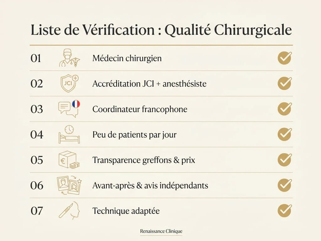 Infographie checklist des 7 critères pour choisir une clinique de greffe de cheveux