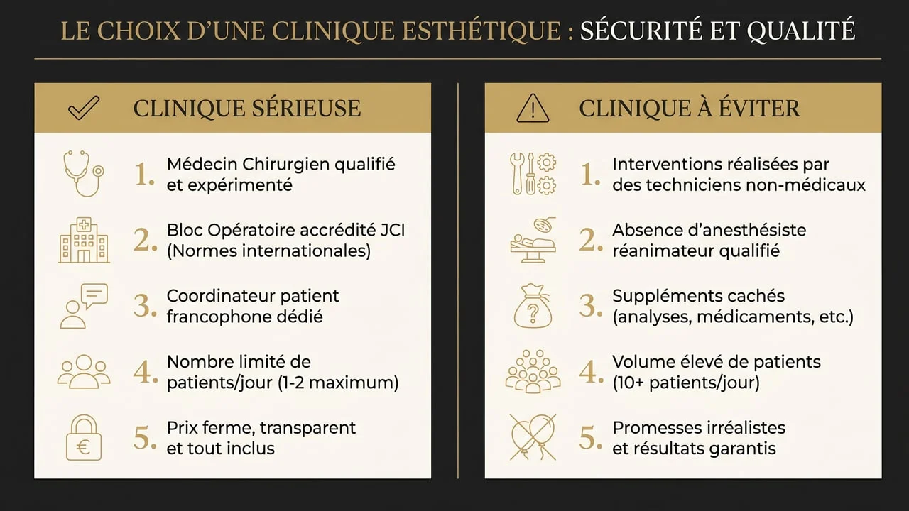 Comparaison entre une clinique de greffe sérieuse et une clinique à éviter (signaux d'alerte)