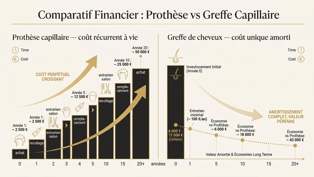 Infographie comparant le coût récurrent à vie d'une prothèse capillaire au coût unique amorti d'une greffe de cheveux