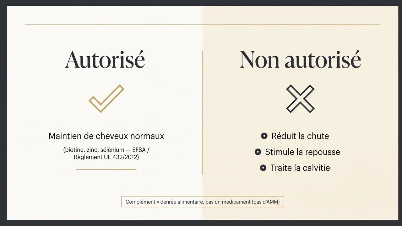 Infographie : l'EFSA autorise « maintien de cheveux normaux » pour la biotine et le zinc, mais pas les allégations « réduit la chute » ou « repousse »