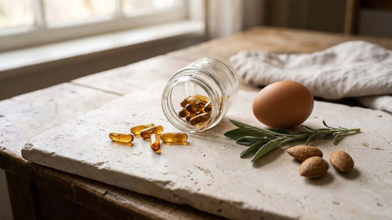Capsules de compléments et aliments riches en biotine et zinc (œuf, amandes) sur une surface claire, évoquant les sources nutritionnelles des cheveux