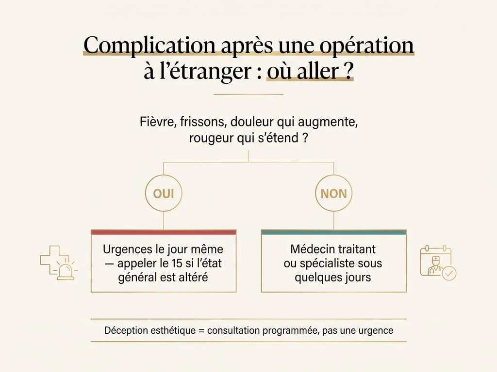 Arbre de décision indiquant quand aller aux urgences et quand consulter en ville après une complication survenue à l'étranger