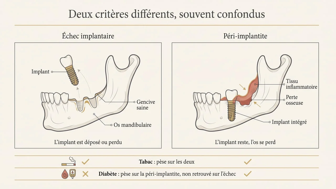 Schéma distinguant l'échec implantaire, où l'implant est perdu, de la péri-implantite, où l'implant reste en place mais l'os se perd autour