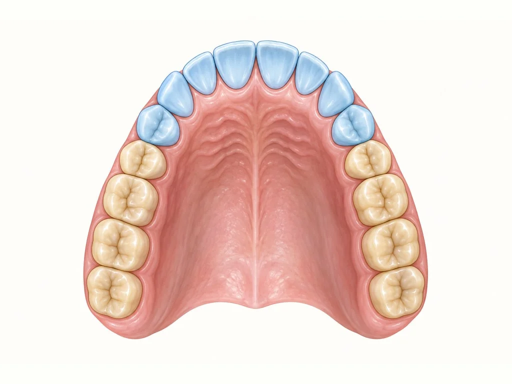 Schéma d'une arcade dentaire séparant les dents antérieures et premières prémolaires des deuxièmes prémolaires et molaires