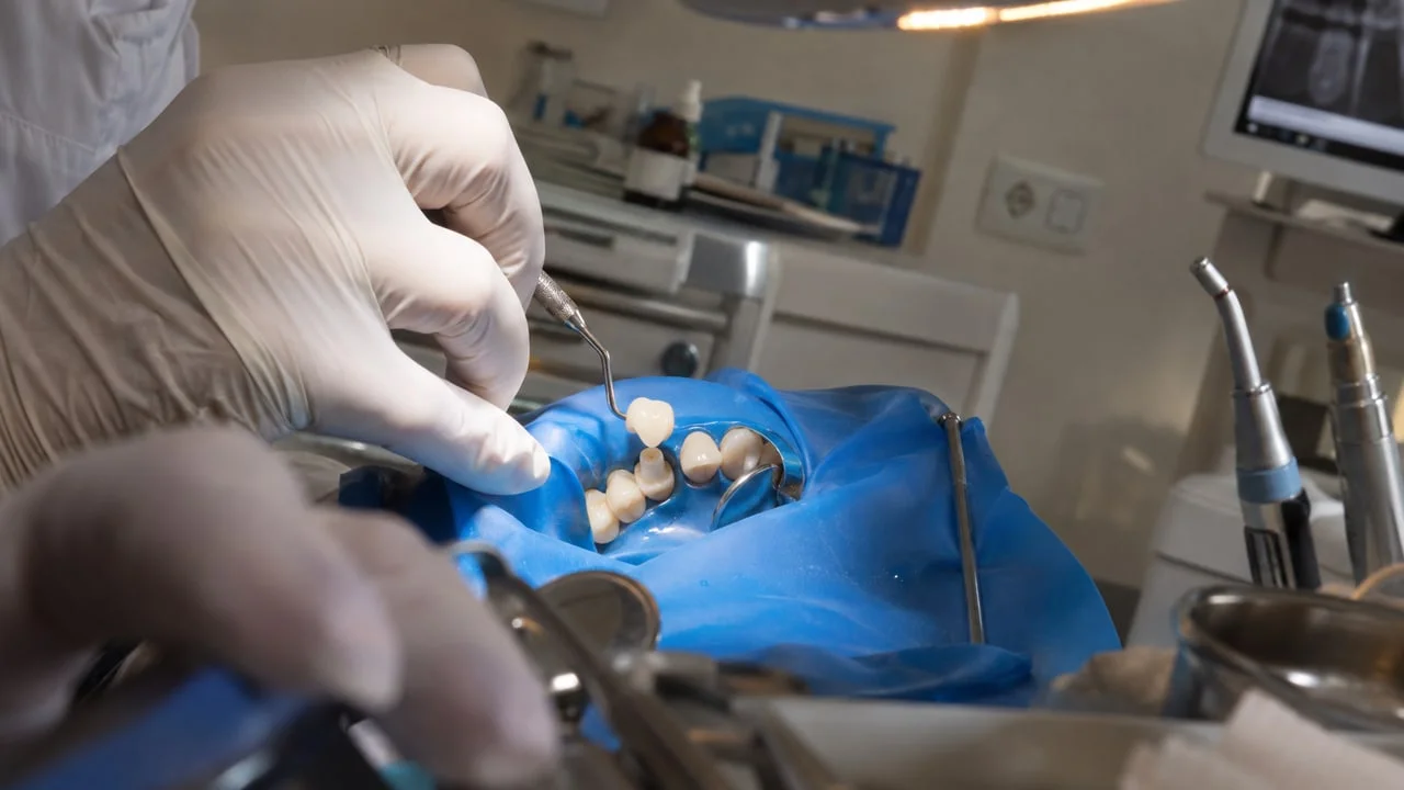 Une chirurgienne-dentiste positionne une couronne céramique sur une prémolaire isolée par une digue en latex