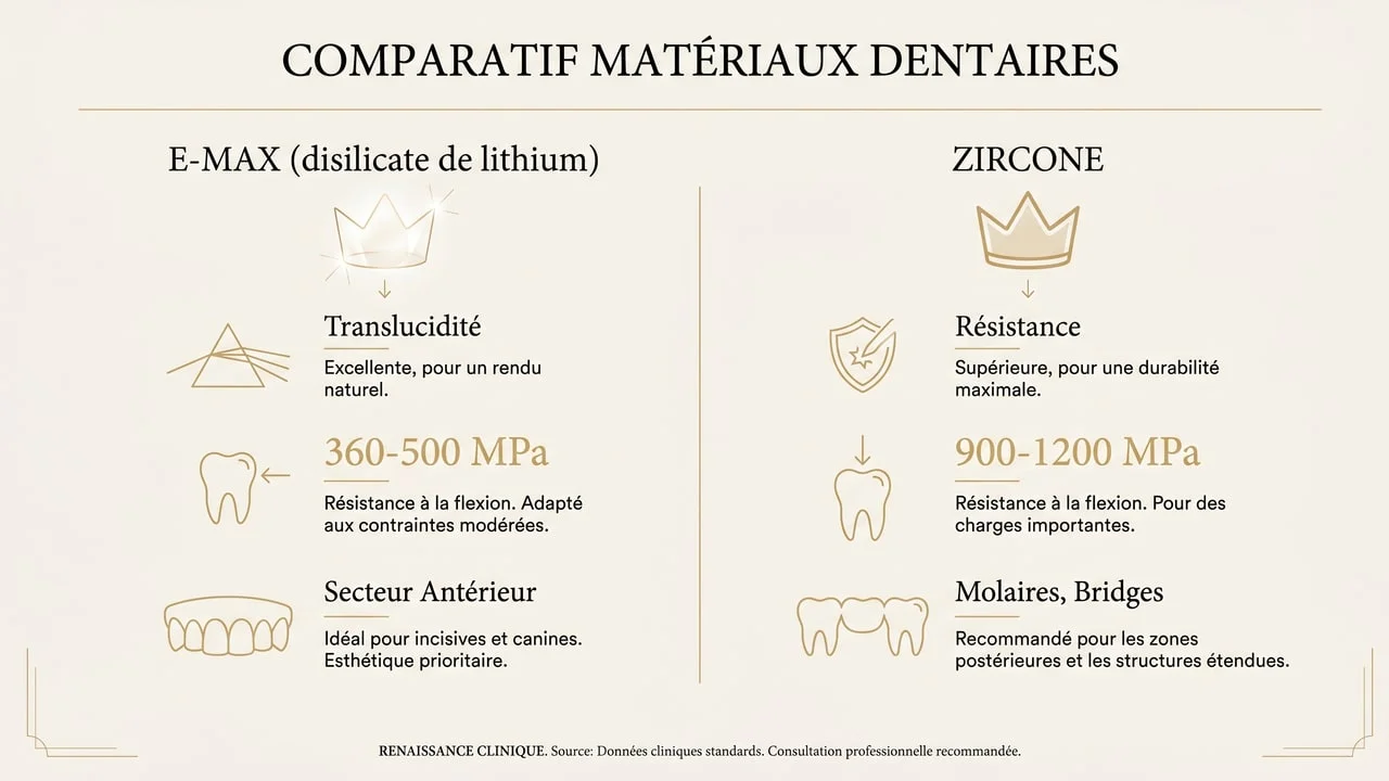 Infographie comparant la couronne E-Max (translucidité, antérieur) et la zircone (résistance, postérieur)