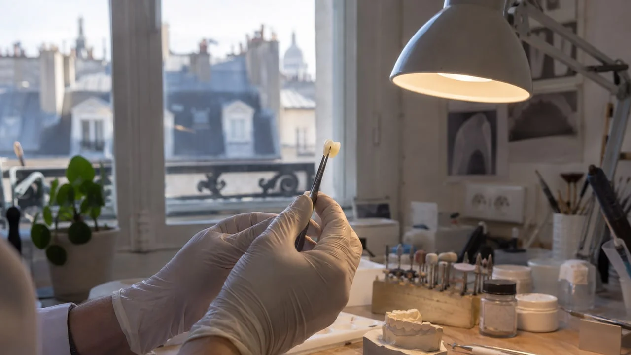 Une prothésiste tient à la pince une couronne en céramique vitreuse à contre-jour, dans un laboratoire dentaire