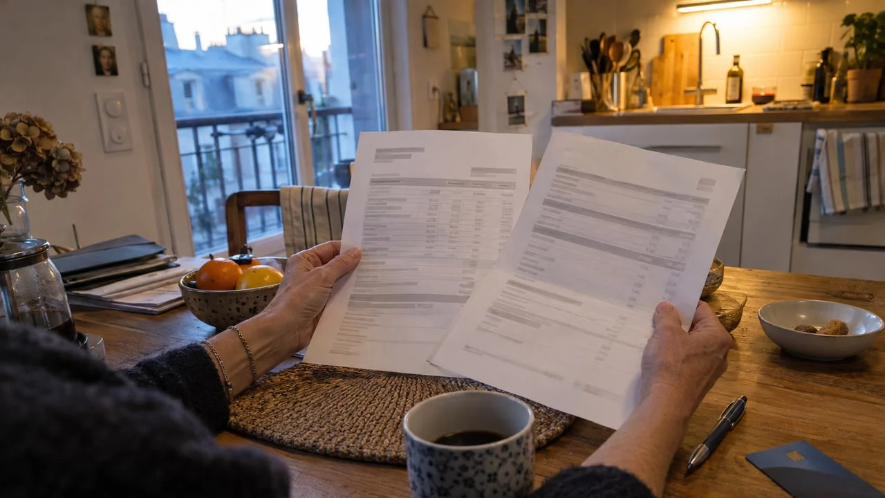 Une femme relit un devis de prothèse dentaire à la table de sa cuisine, stylo à la main