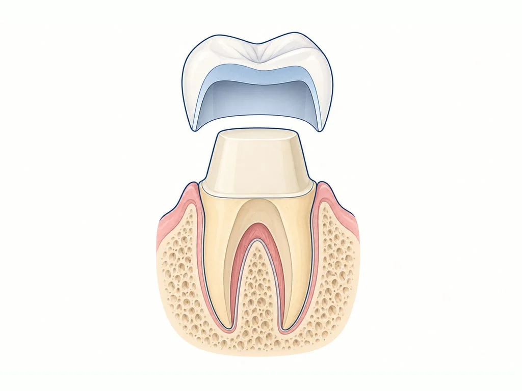 Schéma en coupe d'une molaire taillée pour recevoir une couronne, avec l'épaisseur de céramique plus importante sur la face masticatoire