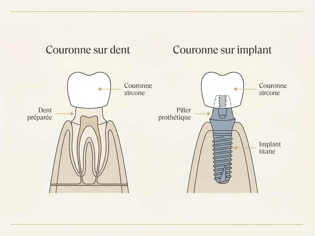 Schéma comparant une couronne zircone posée sur dent naturelle et sur implant avec pilier prothétique