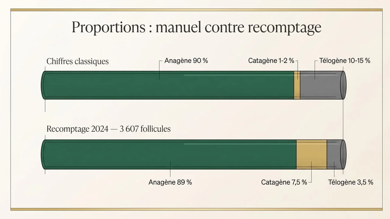 Diagramme comparant les proportions classiques des phases du cheveu — 90 % anagène, 1 à 2 % catagène, 10 à 15 % télogène — avec le recomptage de 2024 sur 3 607 follicules : 89 % anagène, 7,5 % catagène et 3,5 % télogène