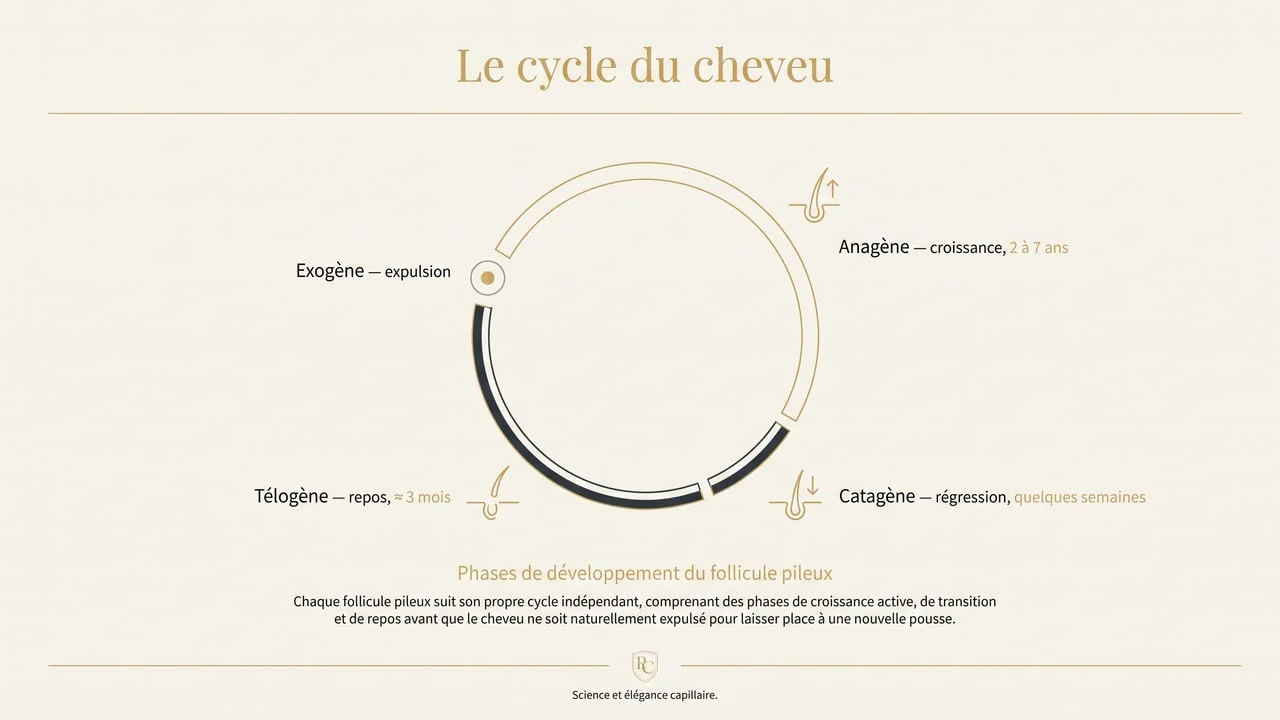 Infographie circulaire du cycle du cheveu montrant la phase anagène de croissance de deux à sept ans, la phase catagène de régression de quelques semaines, la phase télogène de repos d'environ trois mois et le moment d'expulsion exogène