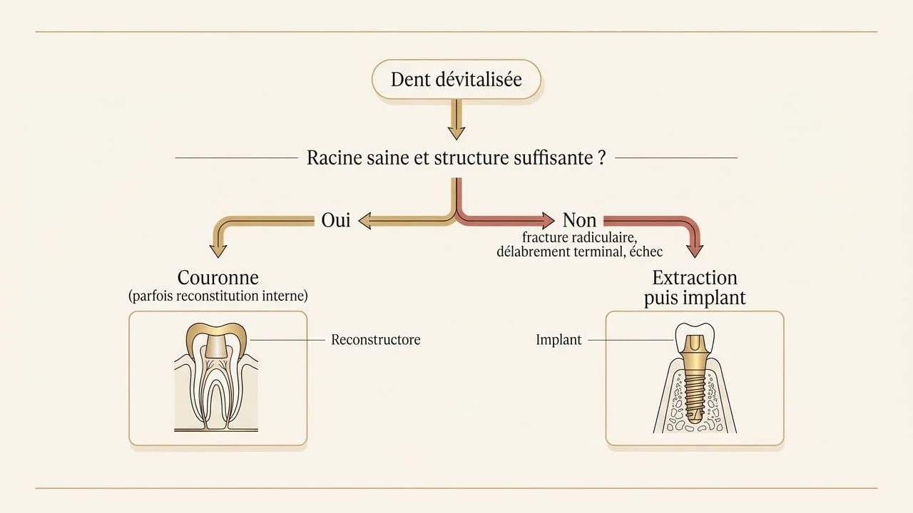 Arbre de décision : dent dévitalisée conservée par une couronne si la racine est saine, sinon extraction puis implant
