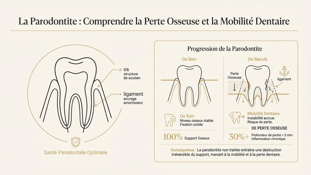 Infographie montrant la perte d'os de soutien dans la parodontite et la mobilité dentaire qui en résulte
