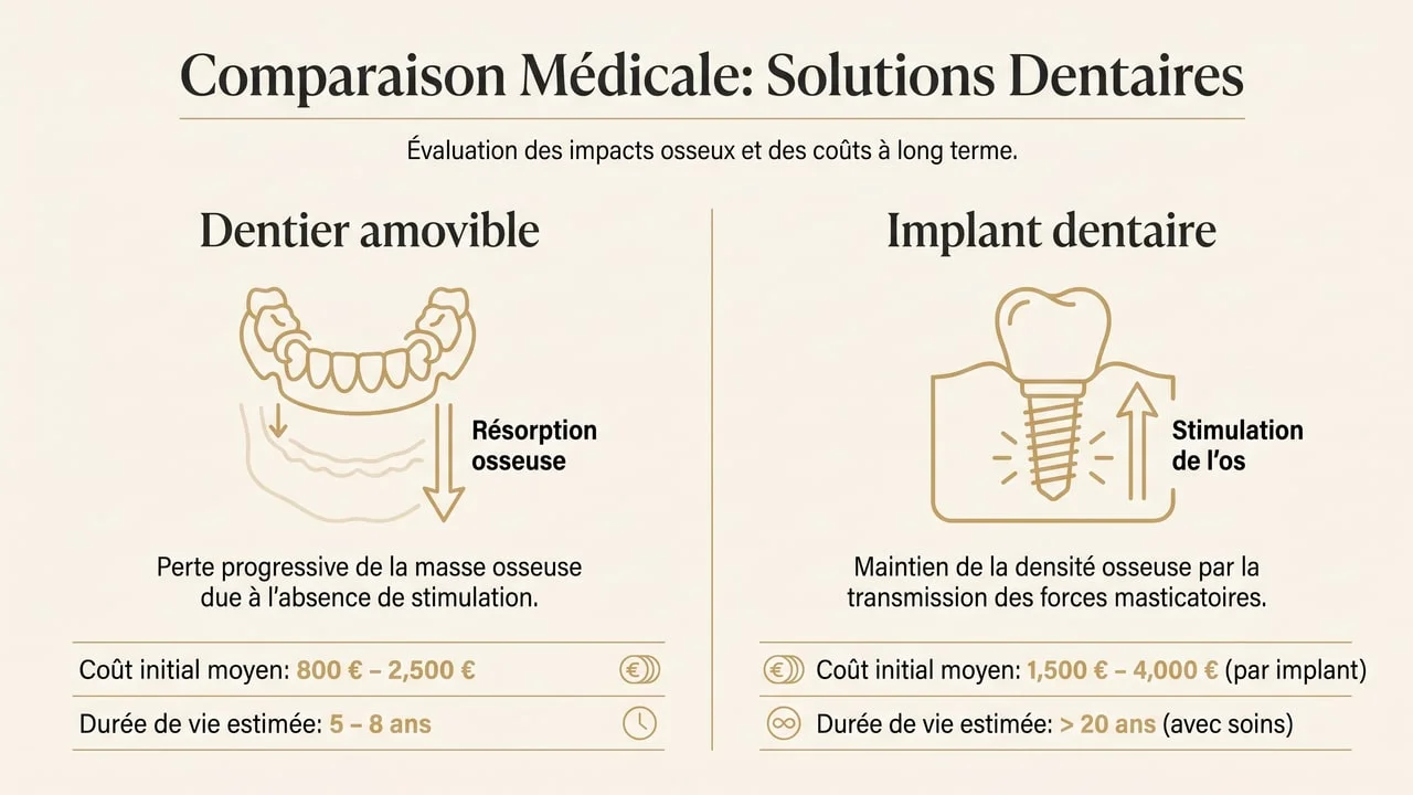 Infographie comparant le dentier amovible et l'implant dentaire face à la résorption osseuse de la mâchoire