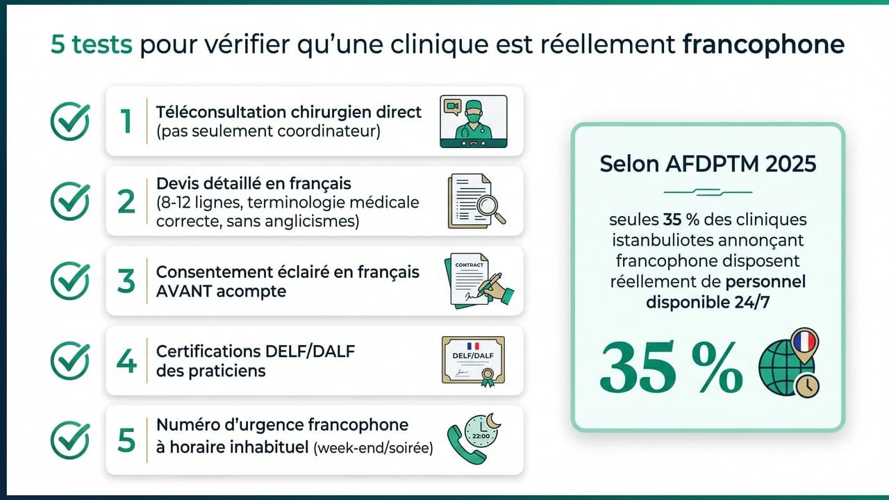 5 tests vérification clinique francophone Istanbul — téléconsultation, devis FR, consentement, certifications DELF, numéro urgence