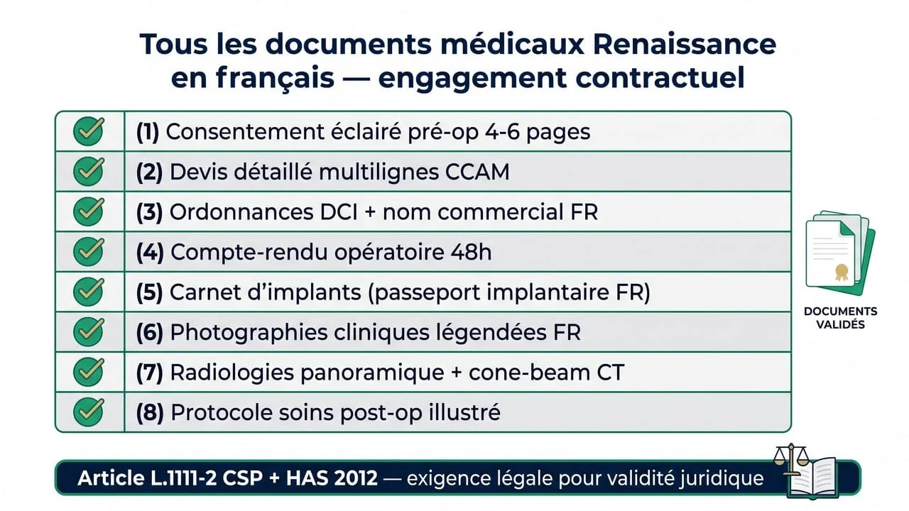 Checklist documents médicaux Renaissance en français — 8 documents obligatoires, conforme article L.1111-2 CSP et HAS