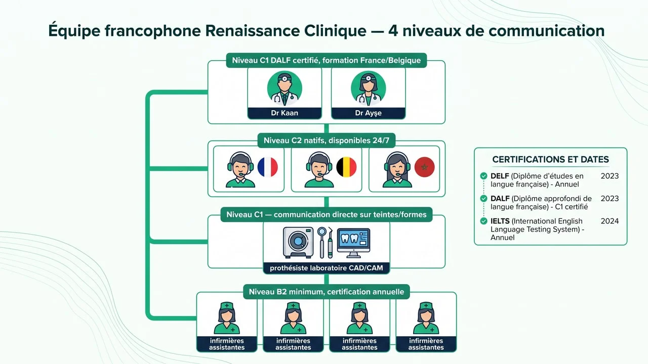 Organigramme équipe francophone Renaissance — 2 chirurgiens C1, 3 coordinateurs C2, prothésiste C1, infirmières B2