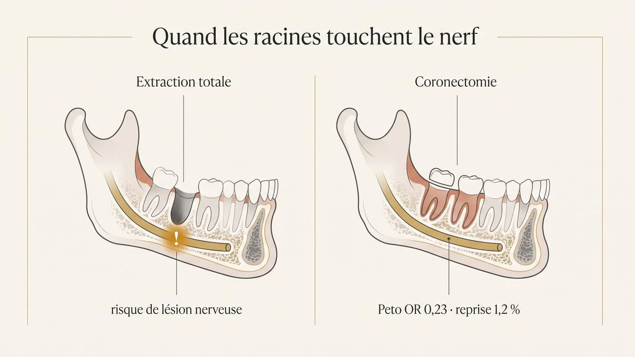 Schéma comparant extraction totale et coronectomie d'une dent de sagesse inférieure proche du nerf alvéolaire inférieur