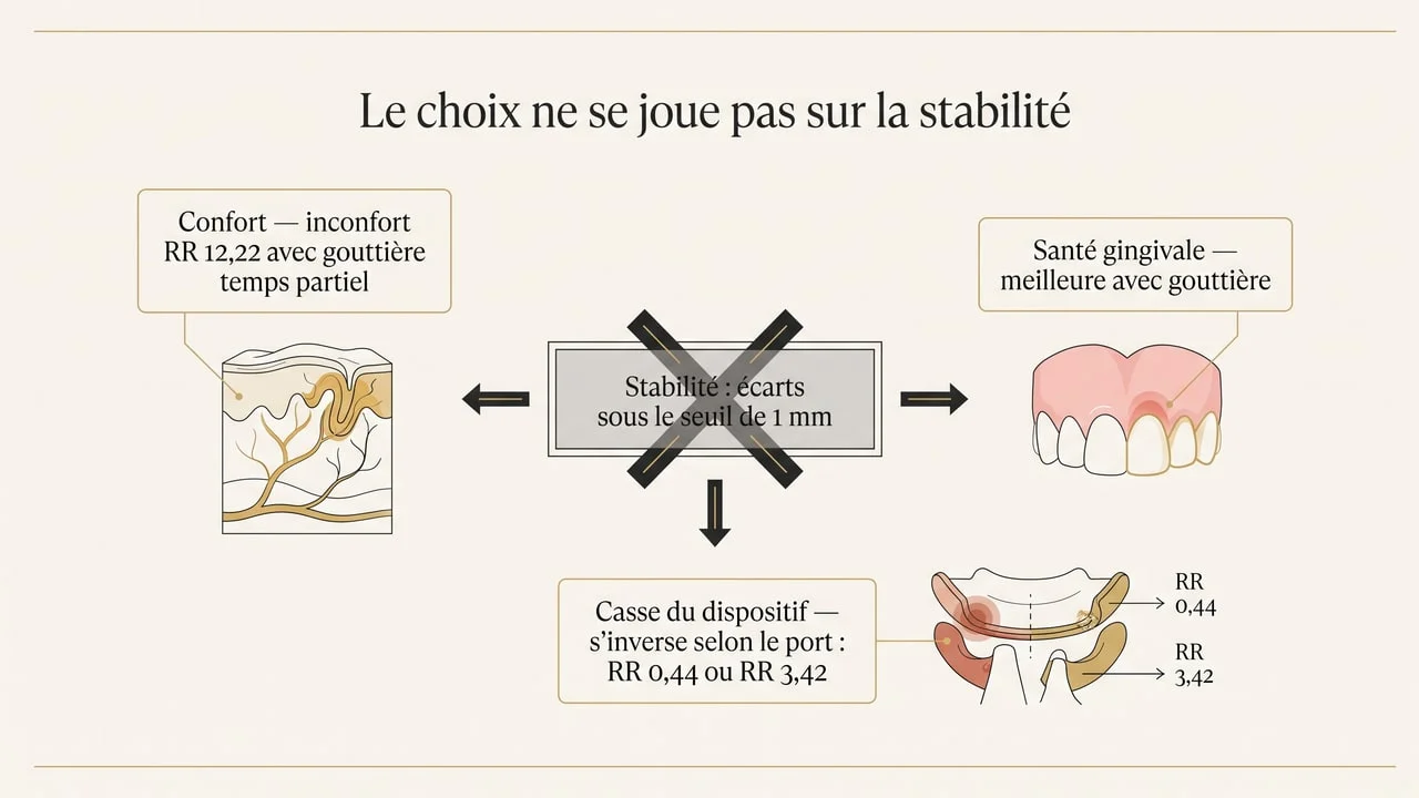 Schéma montrant que le choix d'un dispositif de contention se décide sur le confort, la santé gingivale et la casse plutôt que sur la stabilité