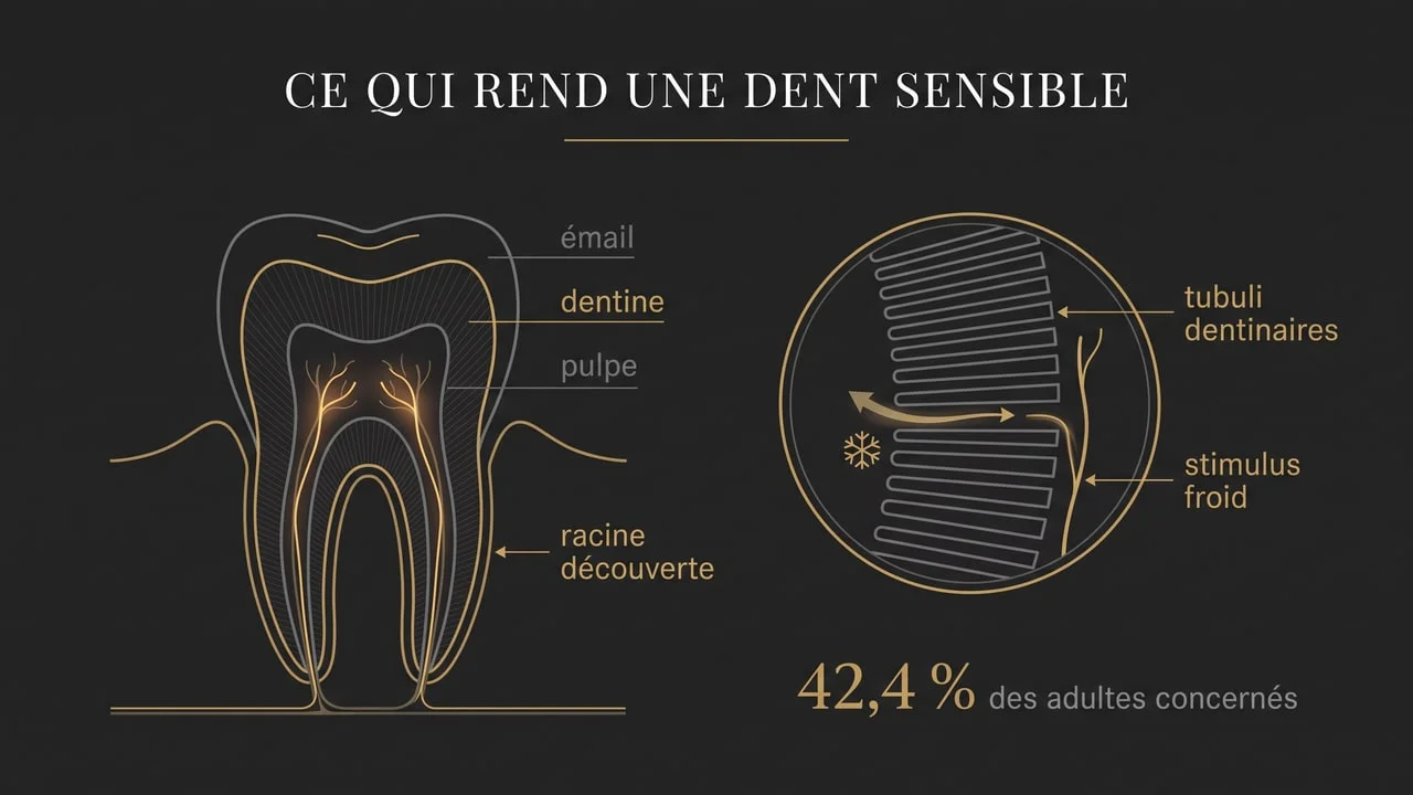Schéma d'une dent avec racine découverte et agrandissement des tubuli dentinaires expliquant la transmission du stimulus froid