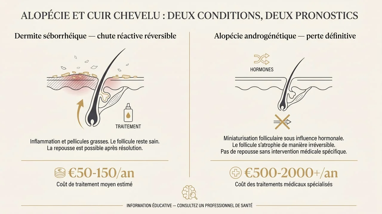 Infographie distinguant la chute réactive réversible de la dermite séborrhéique et la perte définitive de l'alopécie androgénétique