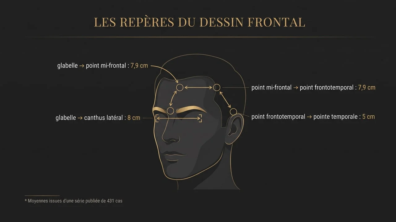 Infographie des repères anthropométriques du dessin de la ligne frontale : 7,9 cm entre la glabelle et le point mi-frontal, 8 cm jusqu'au canthus latéral, 7,9 cm jusqu'au point frontotemporal et 5 cm jusqu'à la pointe temporale