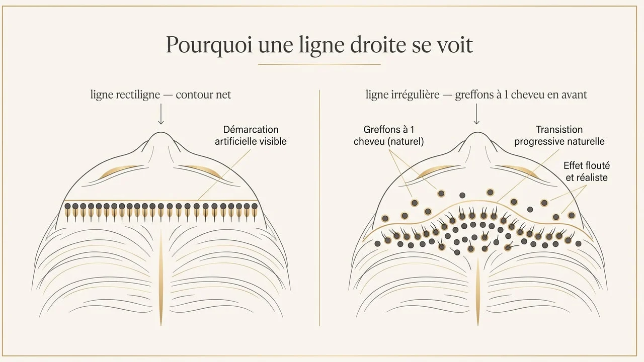 Schéma comparant une ligne frontale rectiligne au contour net et une ligne irrégulière dont la première rangée est composée de greffons à un seul cheveu