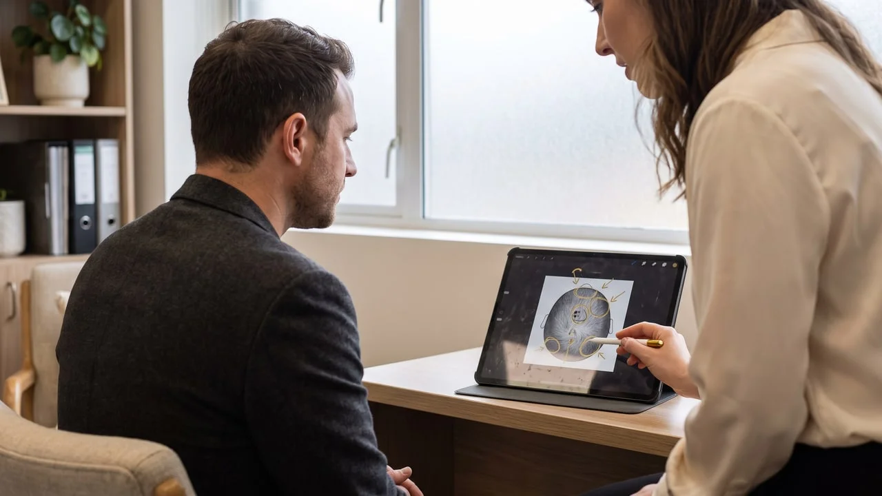 Patient et clinicien examinant une cartographie du cuir chevelu pour planifier les zones à traiter