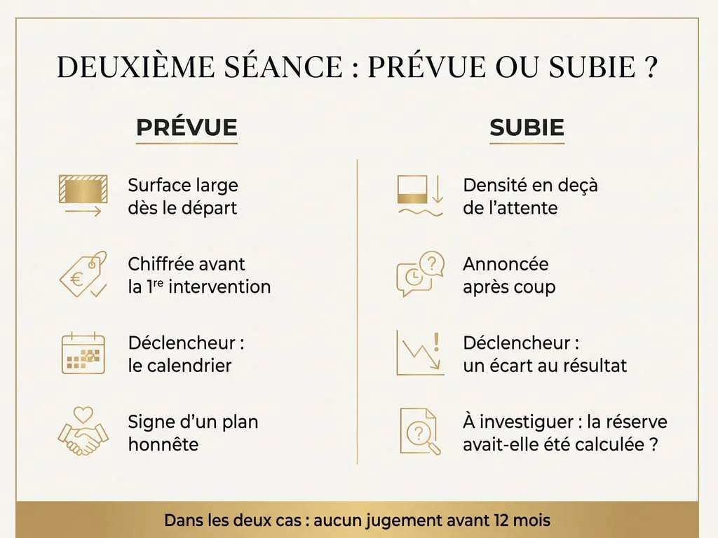 Infographie comparant une deuxième séance de greffe prévue dans un plan et une deuxième séance subie après un résultat décevant