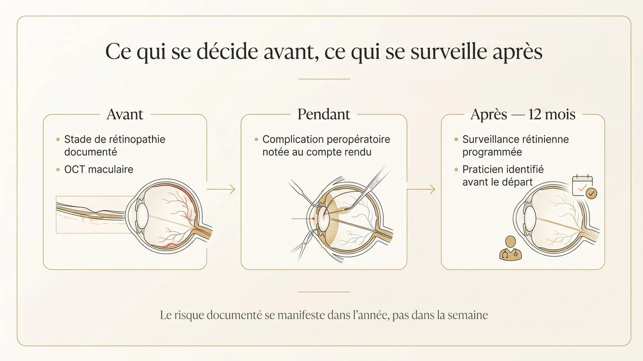 Diagramme en trois étapes montrant ce qui doit être documenté avant une chirurgie oculaire chez un patient diabétique, ce qui doit figurer au compte rendu opératoire, et la surveillance rétinienne à programmer sur les douze mois suivants