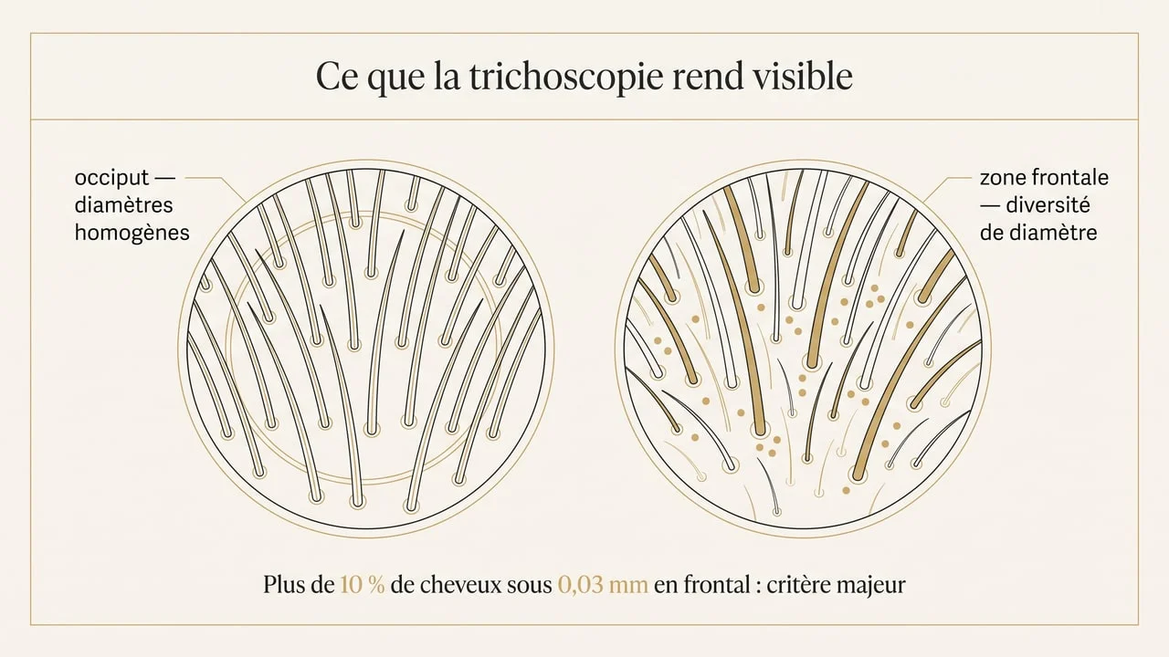 Schéma trichoscopique comparant des diamètres de cheveux homogènes à l'occiput et une diversité de diamètre en zone frontale avec des points jaunes aux ouvertures folliculaires