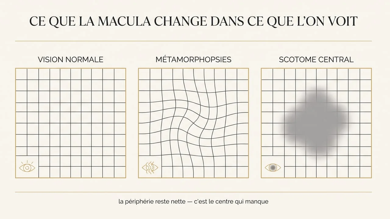 Infographie comparant une grille vue normalement, avec des lignes déformées, et avec une tache centrale caractéristique d'une atteinte maculaire