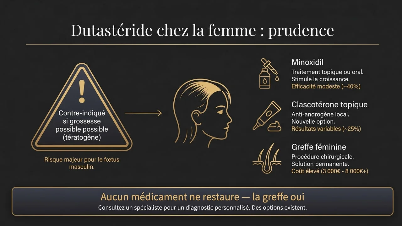 Infographie sur le dutastéride chez la femme : contre-indication grossesse, alternatives plus sûres et greffe féminine