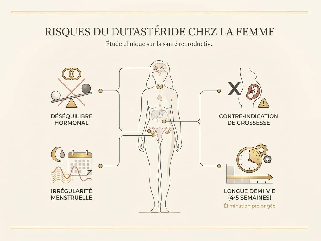 Schéma des risques du dutastéride chez la femme : troubles hormonaux, contre-indication grossesse, demi-vie longue