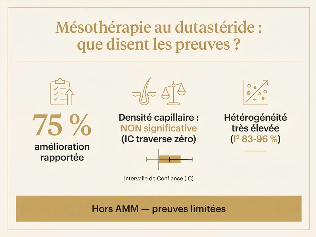 Infographie résumant la méta-analyse 2025 sur la mésothérapie au dutastéride : 75 % d'amélioration mais densité non significative et forte hétérogénéité