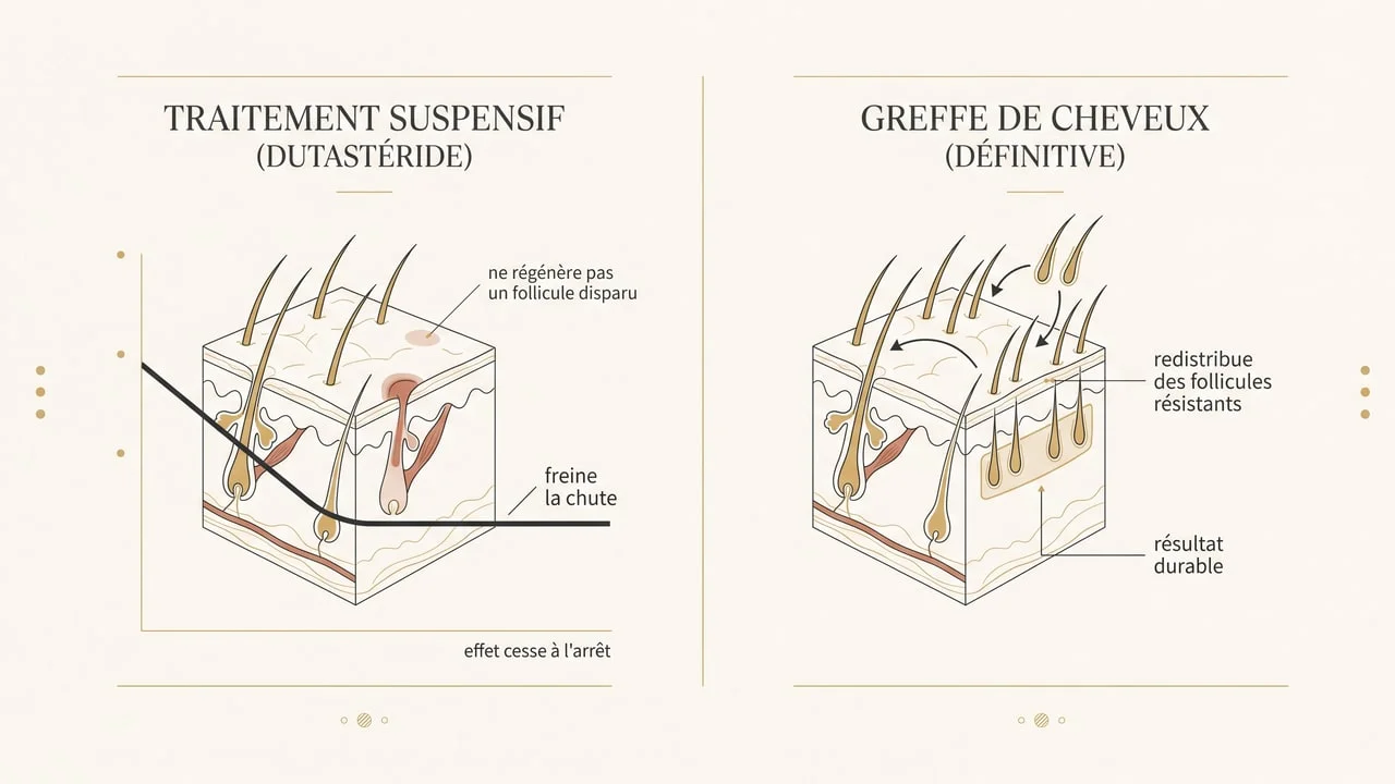 Schéma comparatif : le dutastéride freine la chute (traitement suspensif) tandis que la greffe redistribue durablement des follicules résistants