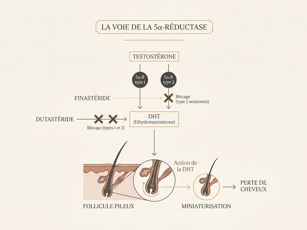 Schéma de l'inhibition de la 5-alpha-réductase : finastéride bloque le type 2, dutastéride bloque les types 1 et 2