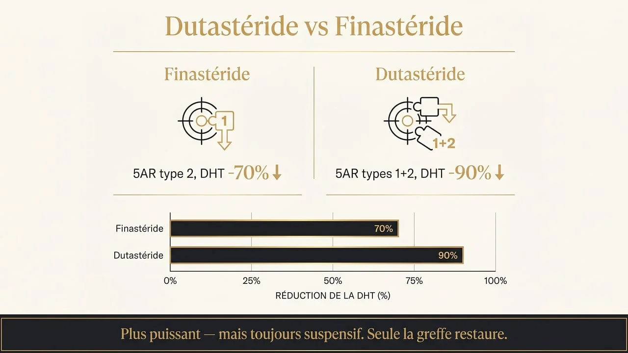 Infographie comparant dutastéride et finastéride : inhibition de la DHT (90% vs 70%), aucun ne restaure les cheveux perdus