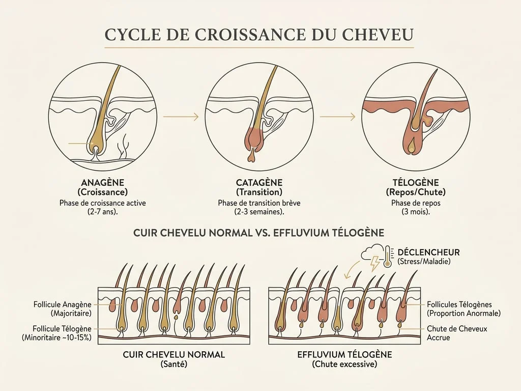 Schéma du cycle pilaire et de l'effluvium télogène : bascule anormale de follicules en phase de chute