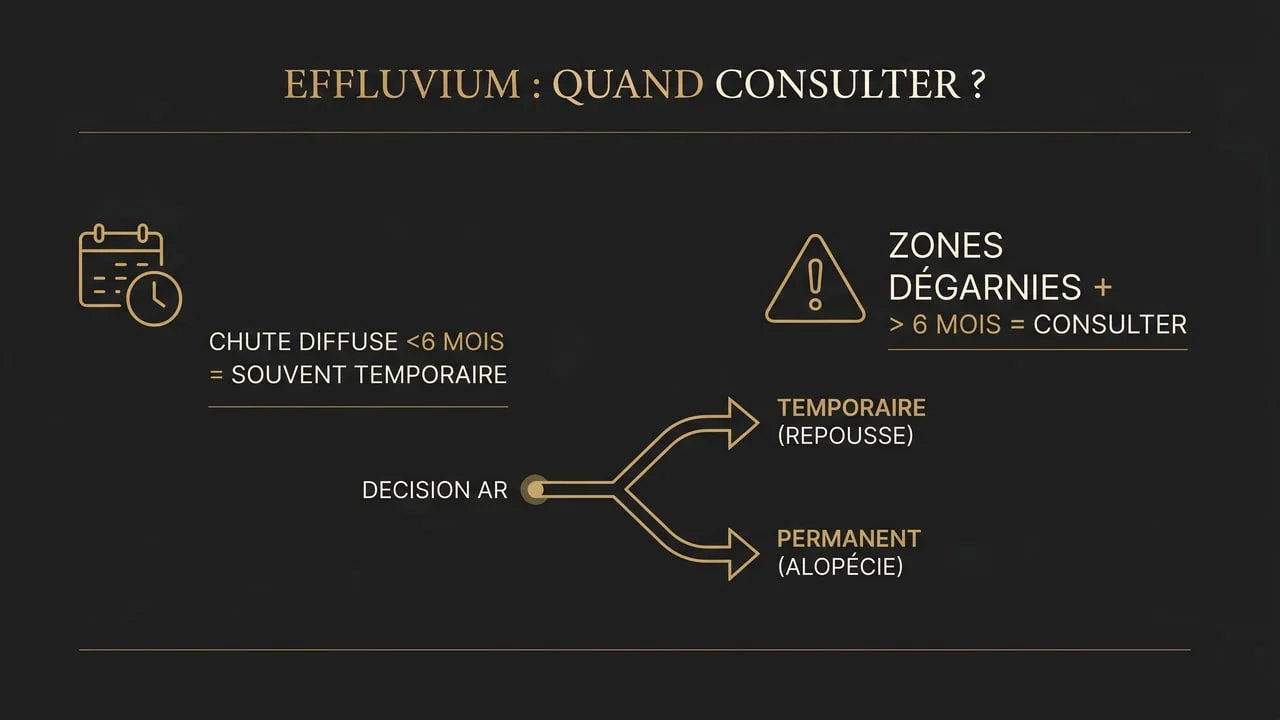 Infographie : quand consulter pour un effluvium — distinction entre chute temporaire et perte permanente