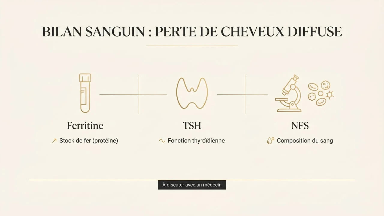 Icônes du bilan biologique possible (ferritine, TSH, NFS) à discuter avec un médecin face à une chute diffuse