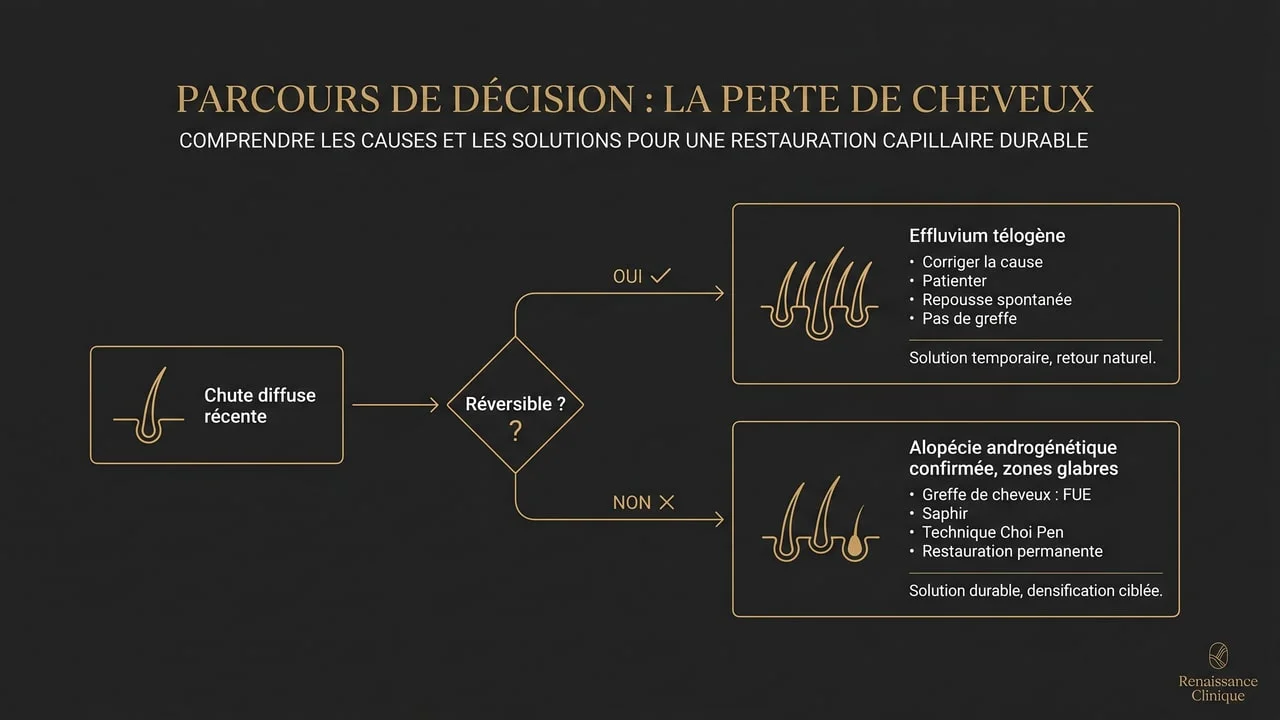 Schéma décisionnel : effluvium télogène réversible (pas de greffe) vs alopécie androgénétique confirmée (greffe sur zones glabres)