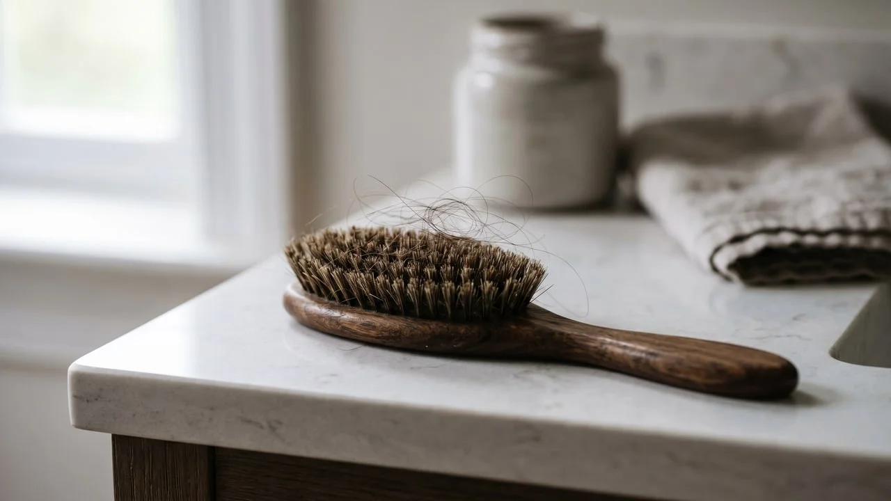 Brosse à cheveux avec quelques mèches détachées, illustrant une chute diffuse passagère