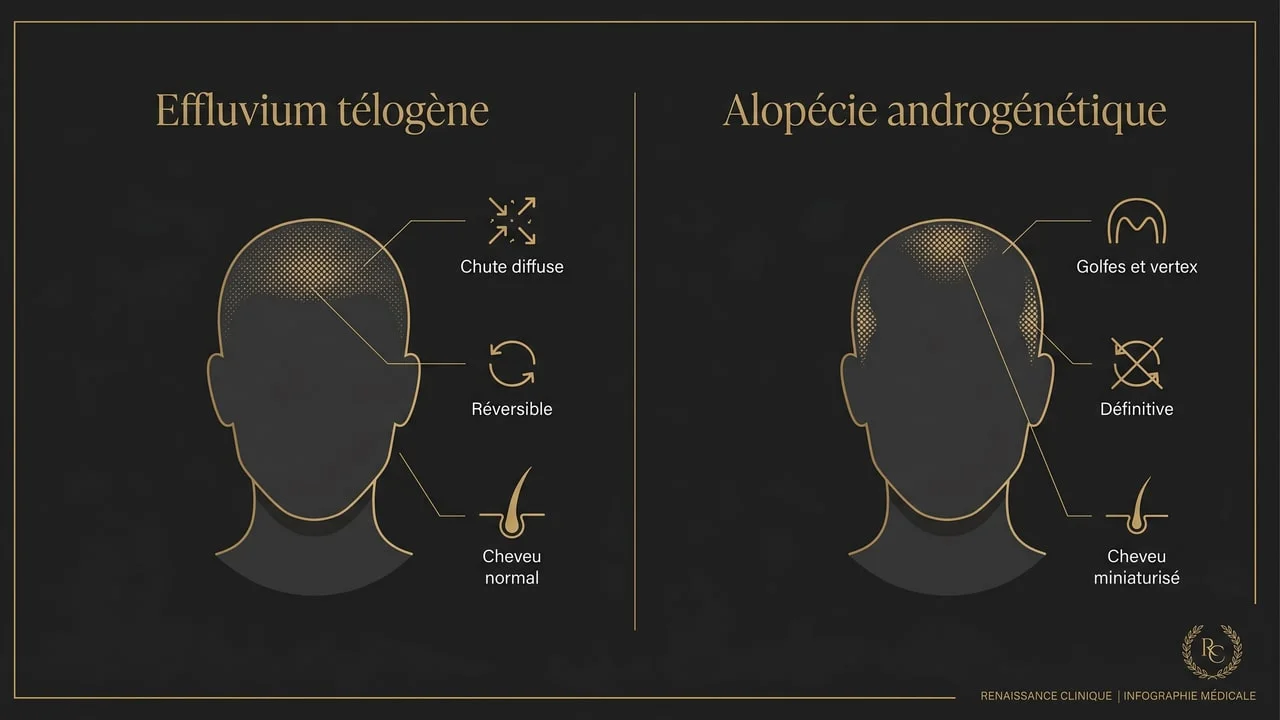 Infographie comparant l’effluvium télogène (chute diffuse réversible) et l’alopécie androgénétique (chute localisée définitive)