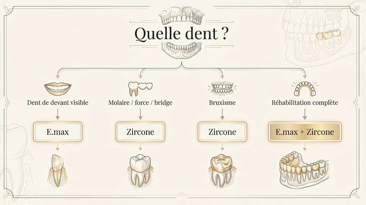 Arbre de décision E.max ou zircone selon la position de la dent et le profil patient